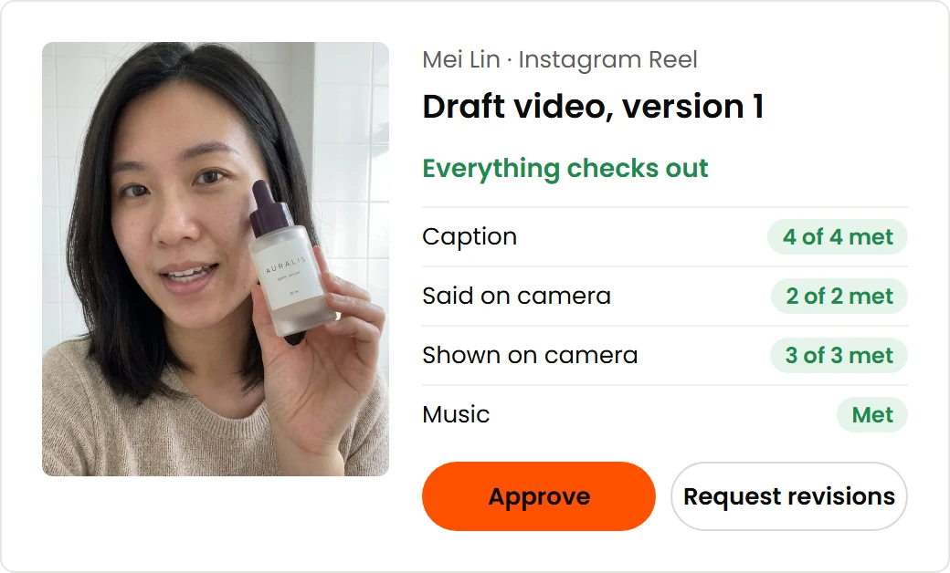 Demo account: a draft video with every check against the brief met, and the Approve and Request revisions buttons.